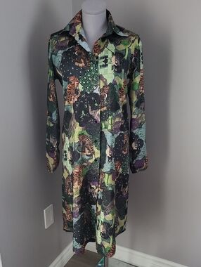Dimora Tiger Jungle Print Button Front Shirt Dress Sz M Long Sleeve
